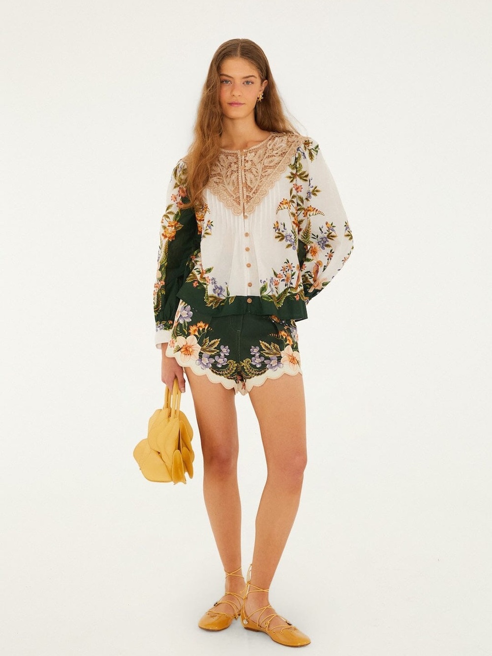 FARM Rio Dark Green Floral Scallop-Hem High-Waist Shorts